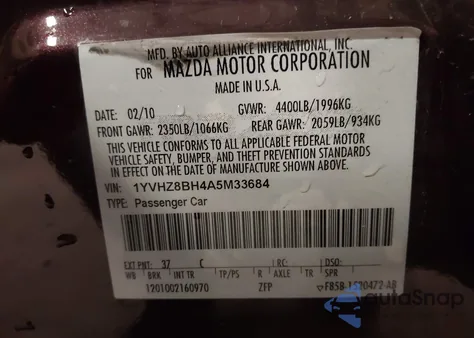 2010 Mazda Mazda6 I Sport z USA, uszkodzony, nr VIN 1YVHZ8BH4A5M33684